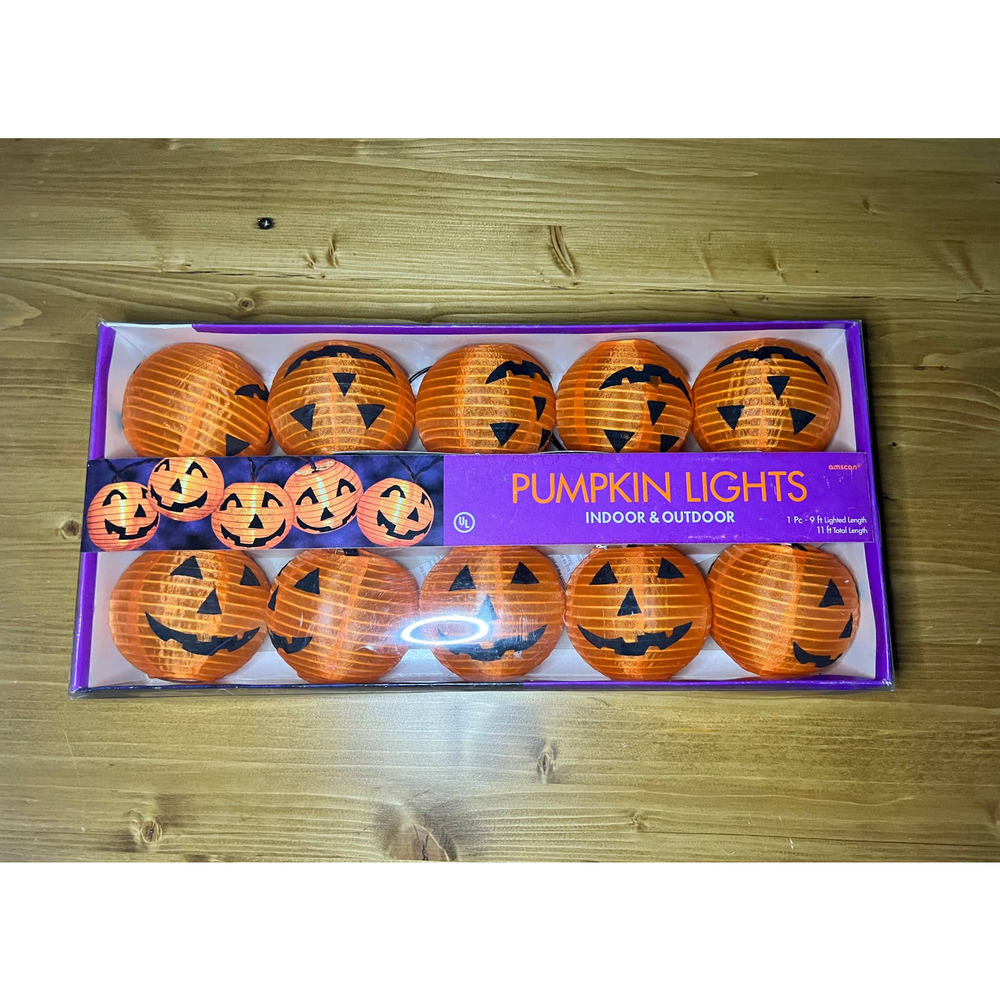 Pumpkin Indoor Outdoor Lights Jack O Lantern Halloween Fall Decor 9FT Lighted